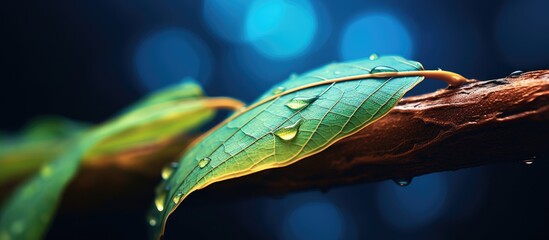 Sticker - A macro photograph featuring a vibrant green leaf covered in water drops, creating a mesmerizing display of liquid on a terrestrial plant