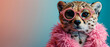 A stylish woman dons a vibrant pink feathercoat, providing texture against a dual-tone blue and orange backdrop, face obscured for anonymity
