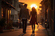 A couple of boy and girl walking calmly at sunset on the street in a romantic image