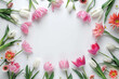 round frame of multicolored, spring flowers on a white background