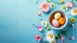 Easter egg and spring flowers in a cup of tea on a blue background, creative Easter holiday concept, minimalism for postcard design. Banner with copy space 