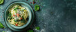 professional food photography, Spaghetti with chard, chilli and anchovies, with empty copy space