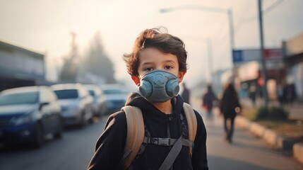 Young boy wears an N95 mask to protect against PM 2.5 dust from the city and air pollution, dust and smog with bad weather.