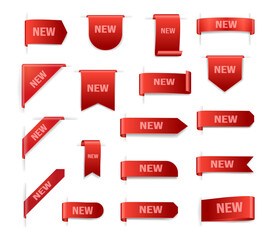 Poster - Sale banner corner realistic, discounts info, tew text sign. Vector illustration of sale banners, shop messages information about discounts, premium advertisement sticker, red ribbon tags
