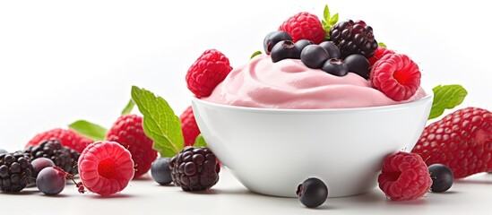 Poster - A bowl of yogurt topped with fresh berries sits on a table, showcasing a beautiful blend of natural foods and plantbased ingredients