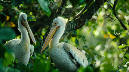 Pelicans perch in tropical forest trees. wildlife with nature background.