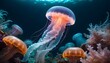 A Jellyfish In A Sea Of Glowing Aquatic Life