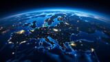 Fototapeta  - Night view of Europe with glowing network connections ai generated photo-realistic