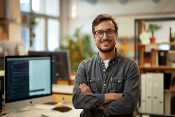 Waist up portrait of bearded young man standing with arms crossed in office with computer and smiling at camera generated AI image copy space