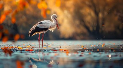 Wall Mural - White Stork in wetland landscape with lake at autumn, water surface and birds. copy space. wildlife with nature background.