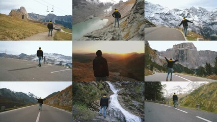 Wall Mural - Diverse collection of man traveler walks in different locations in the Alps in Italy and Austria. Creative mosaic video from different places in the Alps