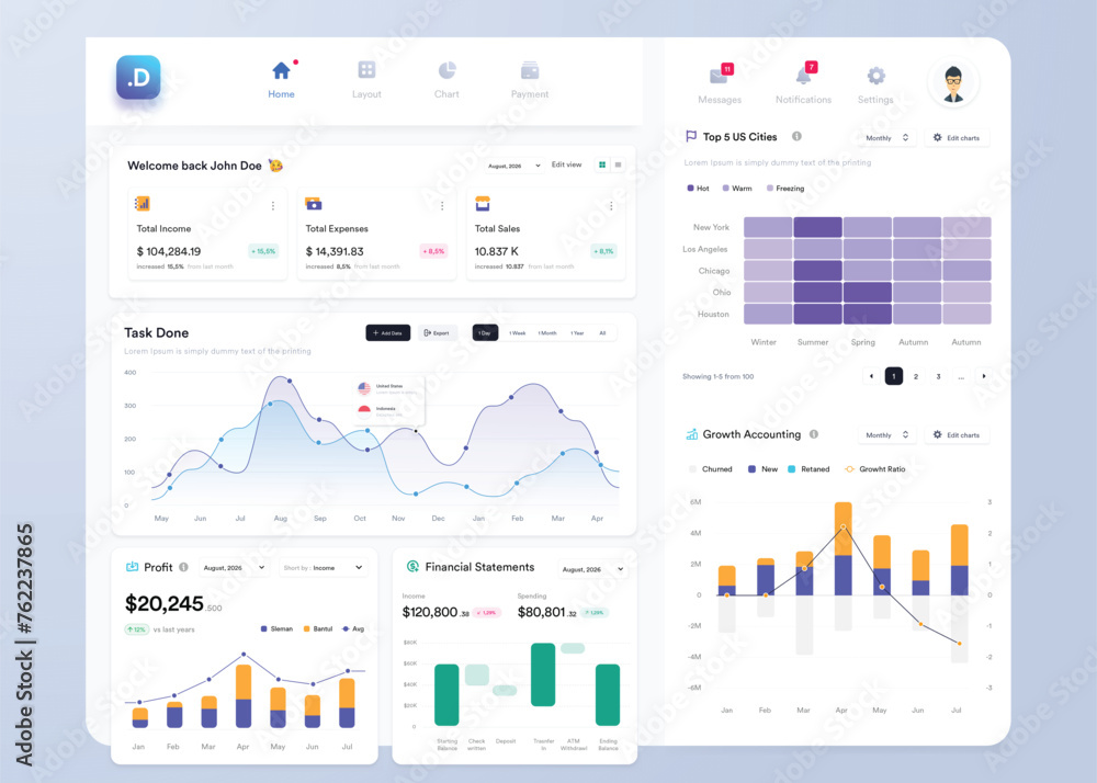 UI UX Infographic dashboard. UI design with graphs, charts and diagrams ...