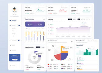 Wall Mural - ui ux infographic dashboard. ui design with graphs, charts and diagrams. web interface template