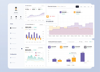 Wall Mural - ui ux infographic dashboard. ui design with graphs, charts and diagrams. web interface template