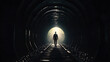 man in tunnel, Concept or conceptual dark tunnel with a bright light at the end or exit as metaphor to success, faith, future or hope, a black silhouette of walking man to new opportunity or freedom.