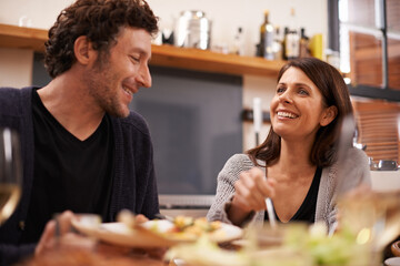 Poster - Couple, food and table for love in home, conversation and healthy meal in apartment for anniversary. Happy people, bonding and eating together on weekend, relax and speaking on romantic dinner date