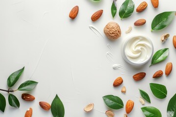 Wall Mural - Almond moisturizing cream skin care with fruits and leaves on white table and white isolated background. Top view. Horizontal composition.