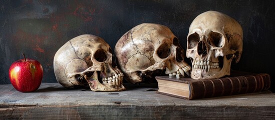 still life with human skull, apple and books on wooden shelf