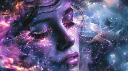 Wall Mural - The face of a dreamy girl in purple colors, dream and meditation concept