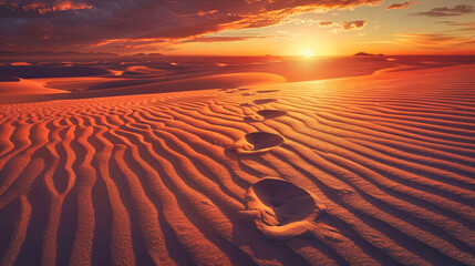 Wall Mural - Footsteps in the sand of the desert at sunset