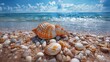 Muscheln und Steine am Strand mit Meer als Hintergrundmotiv für Wellness, ai generativ