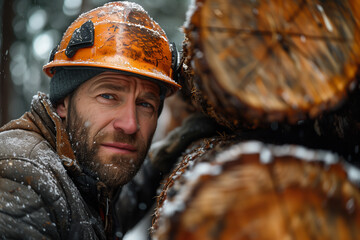 Lumberjack Man in hard hat and jacket standing next to logs in snow