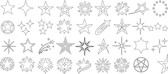 Wall Mural - Star vector illustrations collection, black star outlines on white background. Various styles perfect for design elements, icons, decorations. Simple to complex stars design
