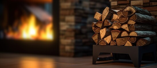 Pile of firewood in the background of a burning stove for heating