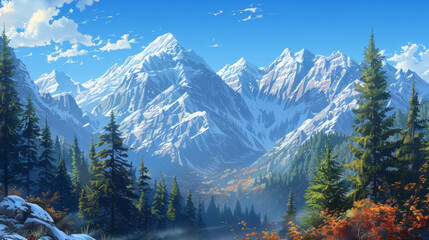 Wall Mural - A mountain scene with snow-capped peaks and clear blue skies