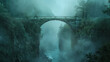 An old stone bridge spans across a misty, forest-lined ravine with a river flowing beneath it. The scene is engulfed in a serene fog, adding a mystical atmosphere to the landscape.