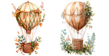 Set Of Watercolor Balloon With A Large Wicker Basket Of Delicate Beige And Olive Flowers With Various Interesting Cute Elements And Details, Holiday Flags And Green Leaves.