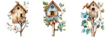 Set Of Watercolor Cozy Wooden Stylish Carved Birdhouse With An Open Balcony, Isolated On Transparent Background