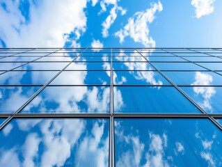 Wall Mural - The seamless blend of sky and structure with clouds reflected on the glass facade of a contemporary building, symbolizing synergy between nature and urban development.