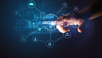 Poster - Hand touching cybersecurity button concept