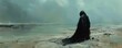 On a desolate beach, a figure in a hooded cloak sifts through sand, finding objects that trigger memories from different dimensions Painting style, silhouette lighting