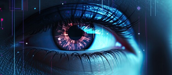 Wall Mural - A detailed closeup of a womans eye with purple iris and electric blue background. The eyelashes are accentuated with magenta eye shadow, adding depth and darkness to the image