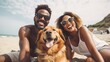 A happy smiling African American black couple with their beloved golden retriever dog on a seaside beach in summer. Travel, Vacation concepts.