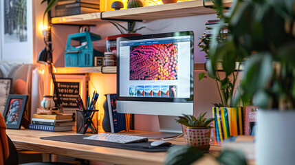 Wall Mural - A computer monitor is on a desk with a plant and a few books. The computer screen is displaying a colorful image