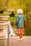 Fototapeta Młodzieżowe - Elderly woman, rear view, stands and looks at autumn landscape in the park. Sadness and loneliness
