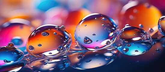 Poster - A macro shot capturing water drops on a vibrant surface, resembling a work of art. The reflection creates a stunning display of electric blue circles, inspired by natural materials