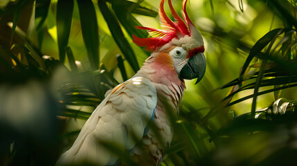 Wall Mural - white cockatoo bird with a black beak perches on a tree branch in tropical forest.