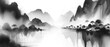 Black and white minimalist landscape in chinese and japanese ink painting style. Serene mountains, tranquil river