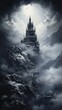 A dark castle on top of a mountain with clouds at night. Castle in the fog. Vertical orientation