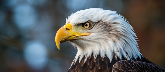 Sticker - A Bald Eagle Bird of prey with a distinctive yellow beak Accipitriformes is gazing directly into the camera, showcasing its majestic appearance