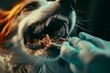 Veterinarian hands hold dog's face brush dog's teeth with special brush and paste, removing dental plaque from a dog's teeth. Concept of pet care and animal dental hygiene