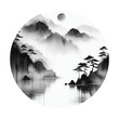 Black and white elegance minimalist landscape in chinese and japanese ink painting style. Round frame
