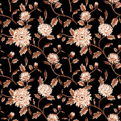 Seamless pattern monochrome from chrysanthemum with leaves on black background. Hand drawn watercolor illustration brown color. Garden flowers. Template for wallpaper, scrapbooking, wrapping, textile.