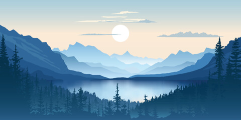 Wall Mural - Mountain lake at dawn, morning light and sun, forested shores, vector illustration