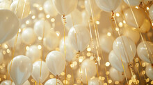 A Room Roof Full Of White Balloons With Golden Long Ribbon, Birthday Party, Wedding, Anniversary And Event Celebration Backdrop Decoration Design.