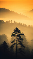 Wall Mural - a lonely pine tree in the sunset mist in the mountains, an autumn calm landscape of wildlife, a vertical panorama of the forest